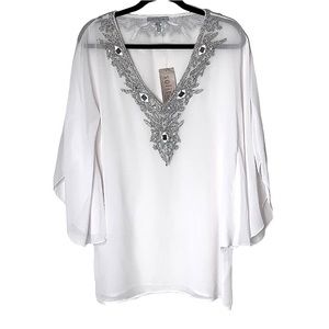 Anthropologie Beaded Silver Sheer Chiffon Flowy Tunic Dolman Sleeve Top White M